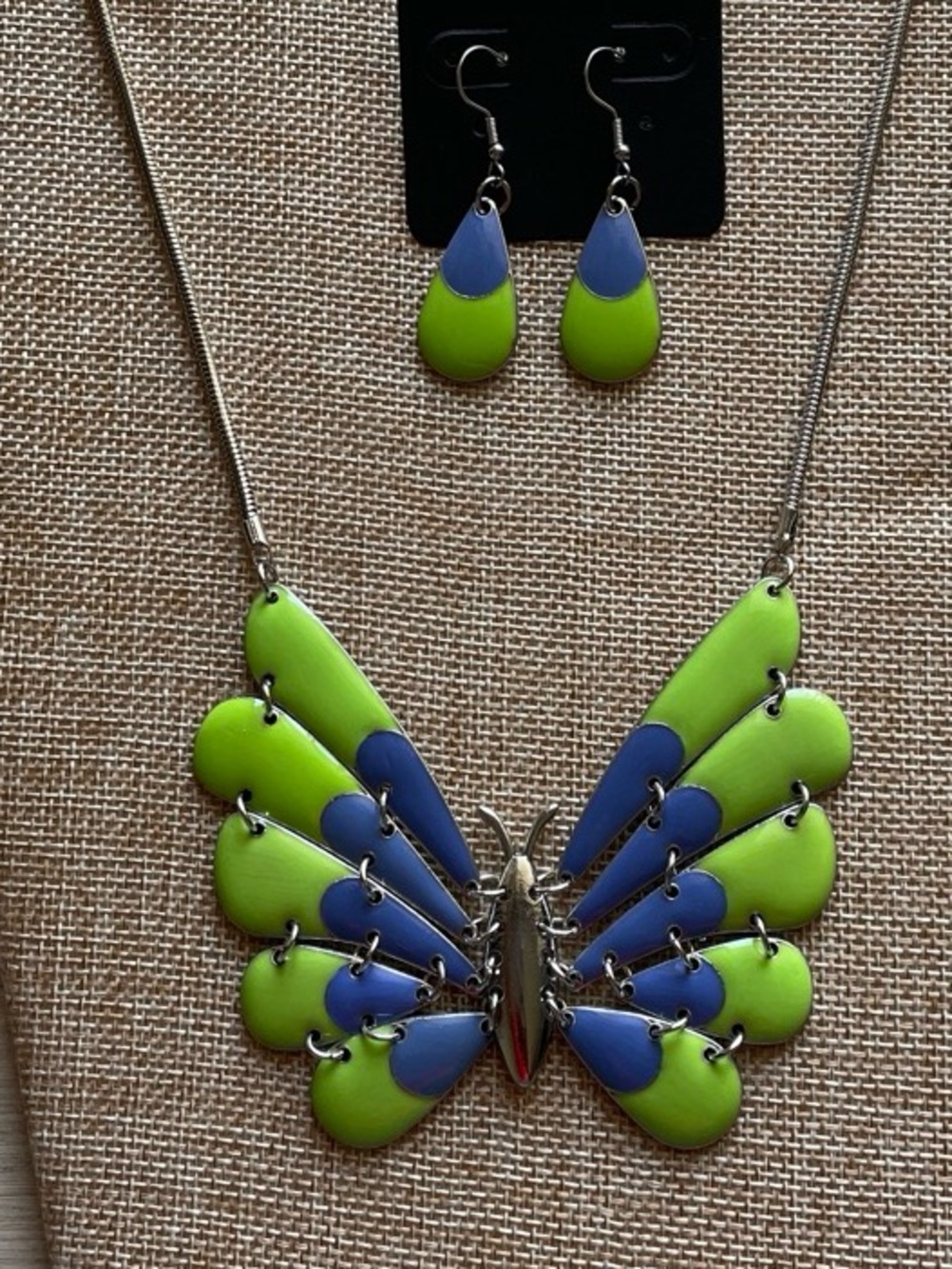 Green & Blue Butterfly Pendant Necklace with Matching Earrings